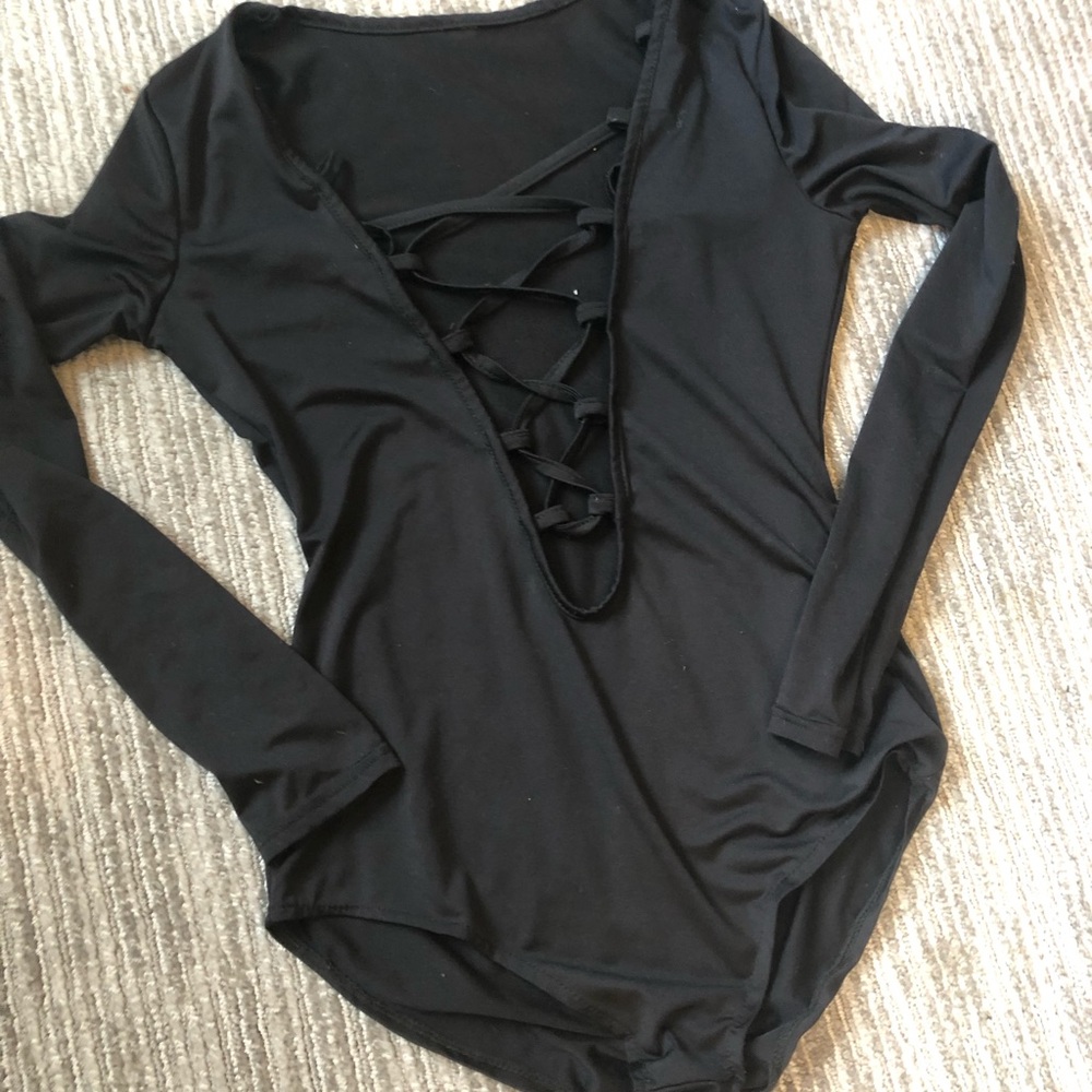 Long sleeve lace up plunging neck line bodysuit
